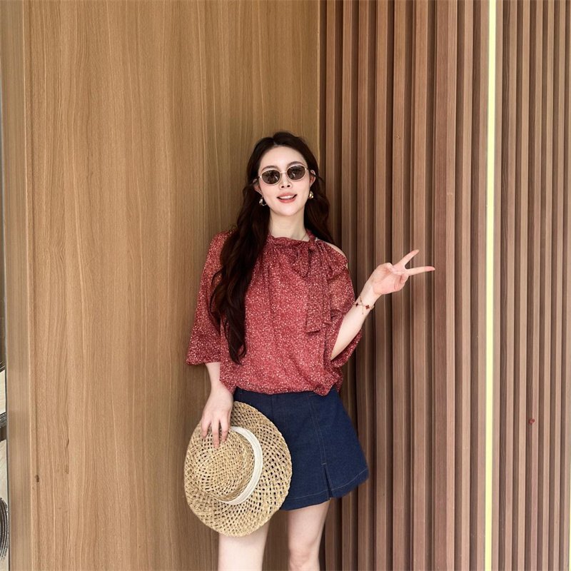 Amash Store Exclusive 2026 Autumn New Style Off-Shoulder Ribbon Print Loose Long-Sleeve Shirt for Women 130204