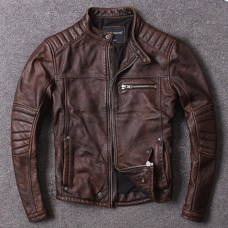 Description Picture 2 of item2024 Fashion New Top Layer Cowhide Genuine Leather Men's Short Black Coats Male Motorcycle Clothing Stand Collar Leather Jackets