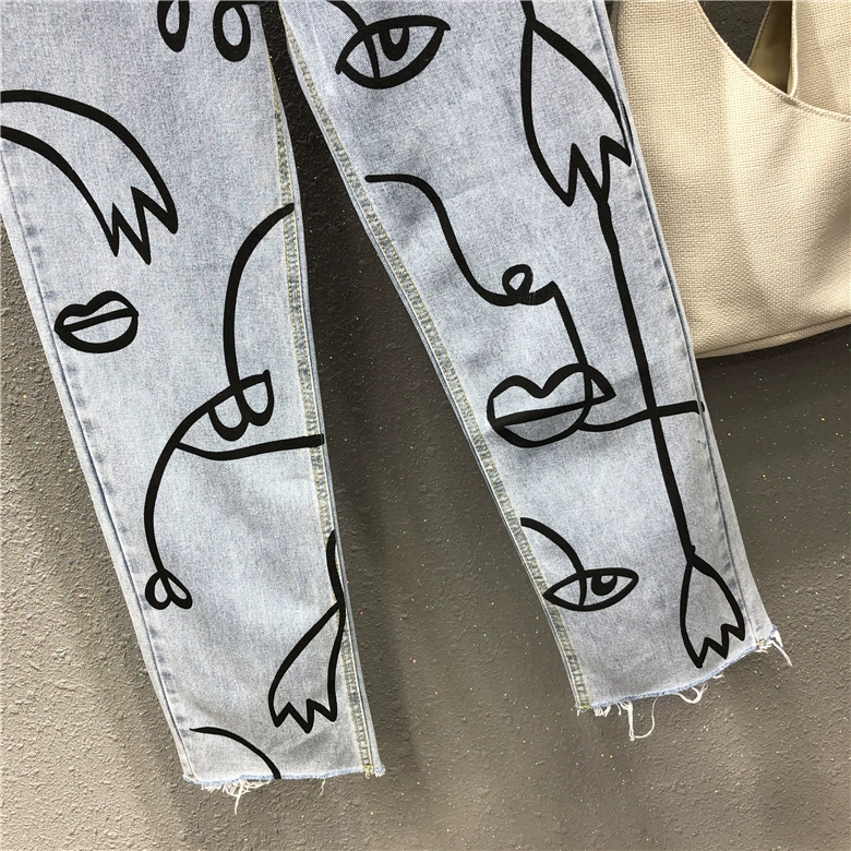 Spring Summer Washed Jeans Women Fashion irregular Print High waist Jeans Loose Casual Straight Jeans Female Long Trousers straight leg jeans