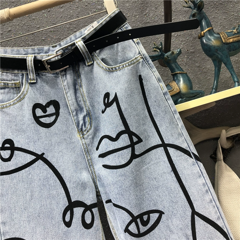 Spring Summer Washed Jeans Women Fashion irregular Print High waist Jeans Loose Casual Straight Jeans Female Long Trousers straight leg jeans