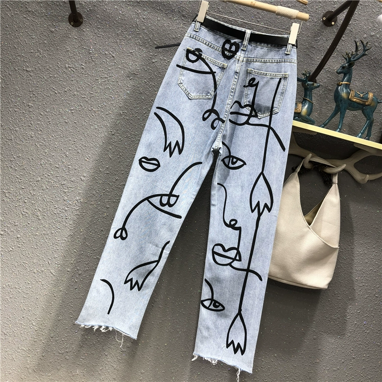 Spring Summer Washed Jeans Women Fashion irregular Print High waist Jeans Loose Casual Straight Jeans Female Long Trousers straight leg jeans