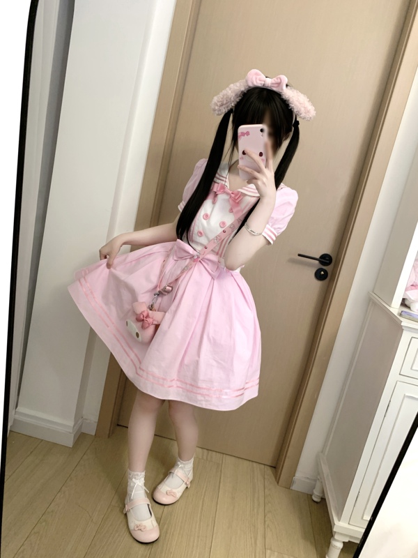 [Sweetheart Little Navy] Navy Collar Puff Sleeve Pink Soft Girl Waist-Cinching Apron Dress