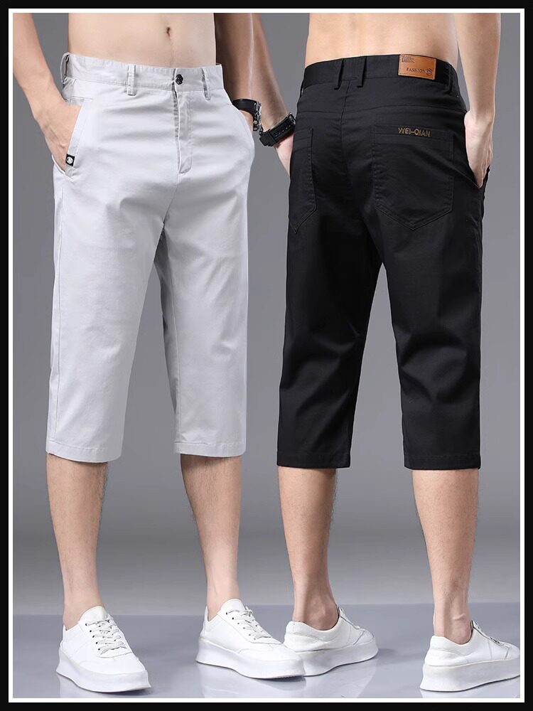 HONG KONG SUMMER ICE SILK THIN COTTON SHORTS MENS CASUAL CROPPED PANTS MENS STRAIGHT LOOSE OVER-THE-KNEE PANTS 7 MINUTE PANTS