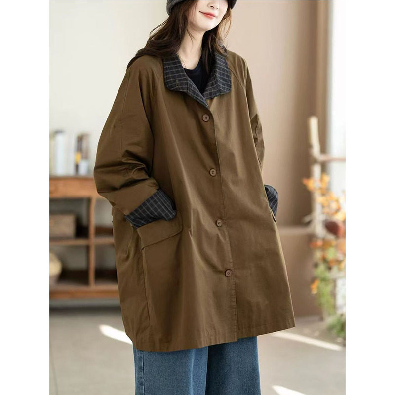 New Style Women's Trench Coat, Mid-Length, Loose Fit, Plus Size, Stand Collar, Versatile, Slimming, Casual, Relaxed, Lazy Style Women's Jacket New Style Women's Trench Coat, Mid-Length, Loose Fit, Plus Size, Stand Collar, Versatile, Slimming, Casual, Relaxed, Lazy Style Women's Jacket