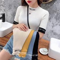 Summer T-shirt womens solid color white knitted medium short sleeve slim fit all-round turn-over sleeve base shirt semi-turtleneck T-shirt top