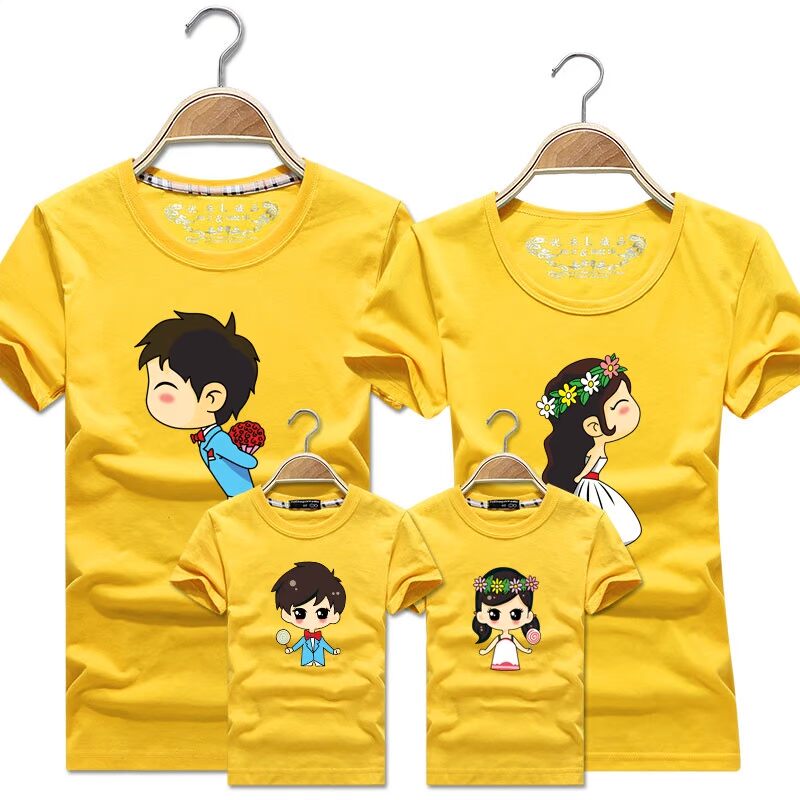 Cha mẹ-con mặc áo thun ngắn tay cỡ lớn cổ tròn cotton giản dị in hình gia đình ba hoặc bốn nữ mùa hè nửa tay áo cặp gia đình