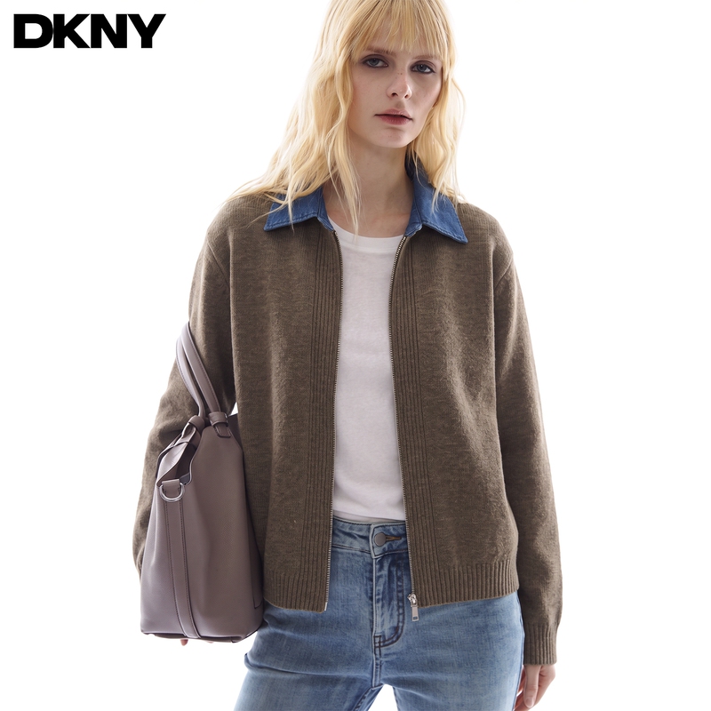 Dkny Tang Kenaer American Retro Autumn and Winter Contrasting Color Lapel Zipper Knitted Cardigan Women's Commuter Sweater Jacket