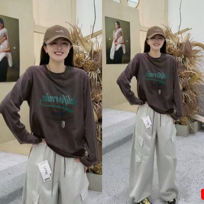[Exclusive to Da Pan] Retro Letter Print Loose Round Neck Long Sleeve 13198
