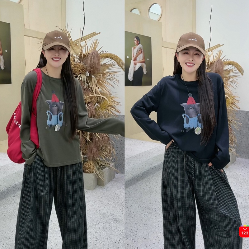 [Exclusive to Da Pan] Fun Hand-Painted Kitten Print Long-Sleeve Shirt 13284