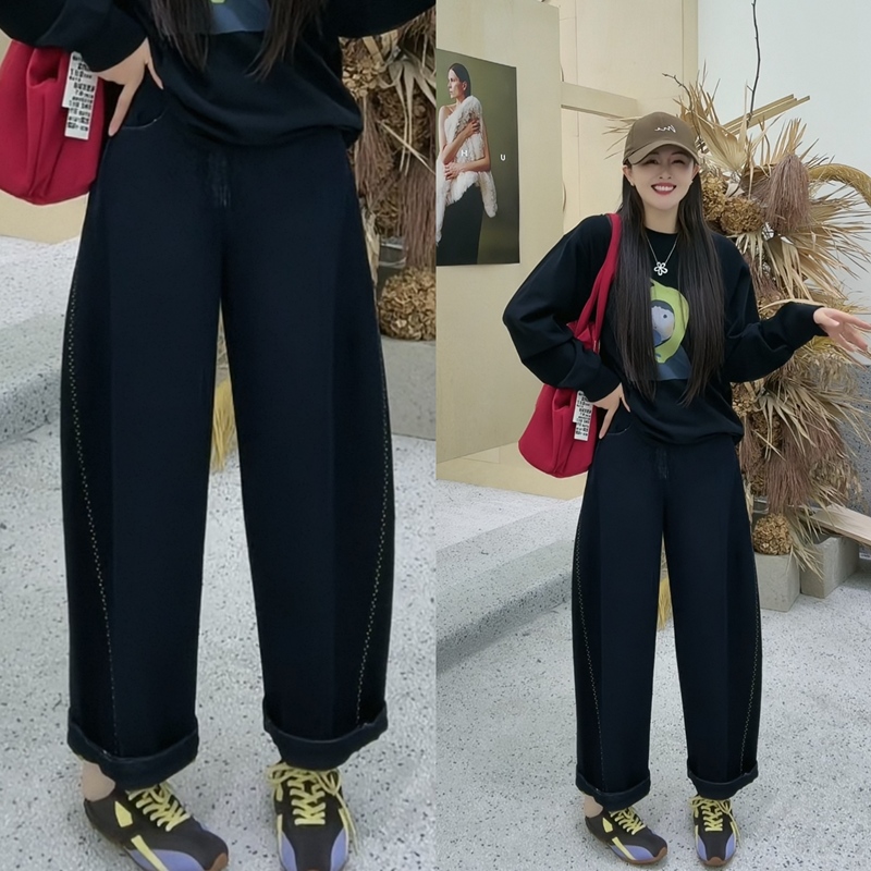 [Exclusive to Da Pan] Retro Vibe Yellow-Striped Denim Fleece-Lined Harem Pants 13310