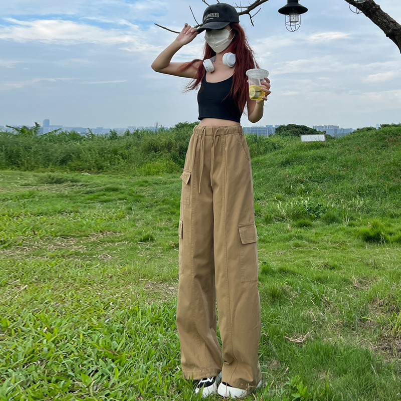 American Retro Work Pants for Women 2025 New Autumn Khaki Petite Wide-Leg Pants Trendy Workwear Women's Pants