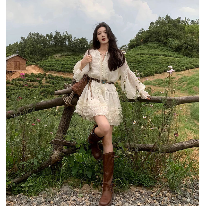 Bohemian Resort Style Apricot Lantern Sleeve Dress, Early Spring Atmosphere, Sweet First Love Style, Lace-Up V-Neck Short Skirt