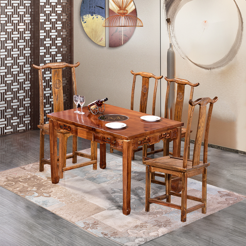 Hot pot table restaurant with barbecue barbecue table and chair combination hot pot table commercial rectangular wood pot table