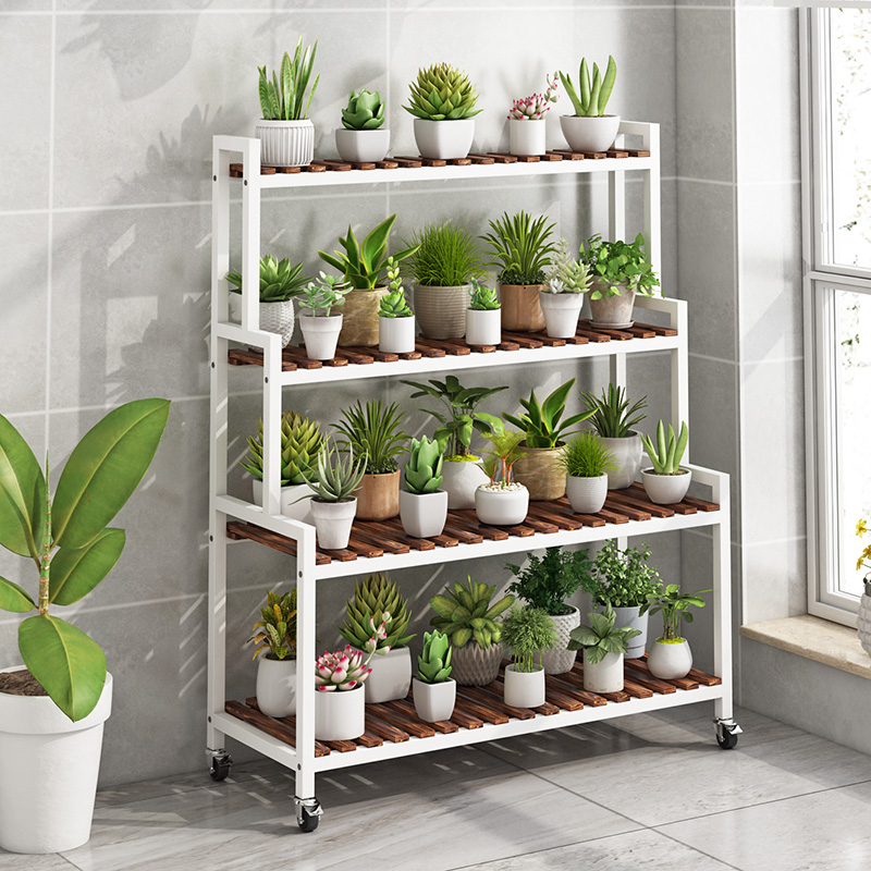 バルコニーフラワーラックリビングルームフロアスタンド家庭用アイアンラック無垢材多肉植物植木鉢ラック多層植物配置
