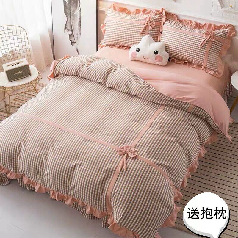 Net red ins bed four-piece set cotton ruffled sheet princess bow duvet cover girly heart