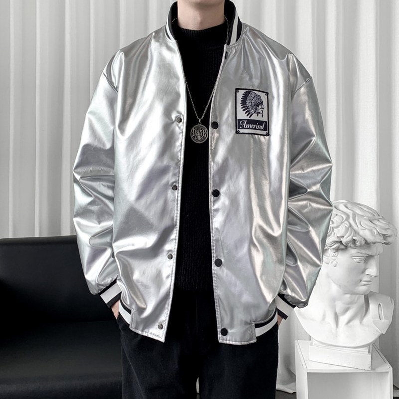 Silver Jacket for Men, Spring and Autumn 2026 New Model, Glossy Baseball Jacket, American-Style Bomber Jacket, Trendy Men's Clothing Top