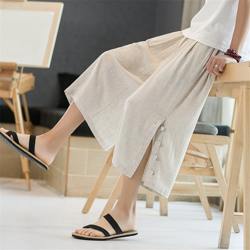 Linen Cropped Pants for Men, Summer Thin Loose Wide-Leg Pants, New Chinese Style Men's Clothing Set, Cotton-Linen Pants, 7/8 Shorts