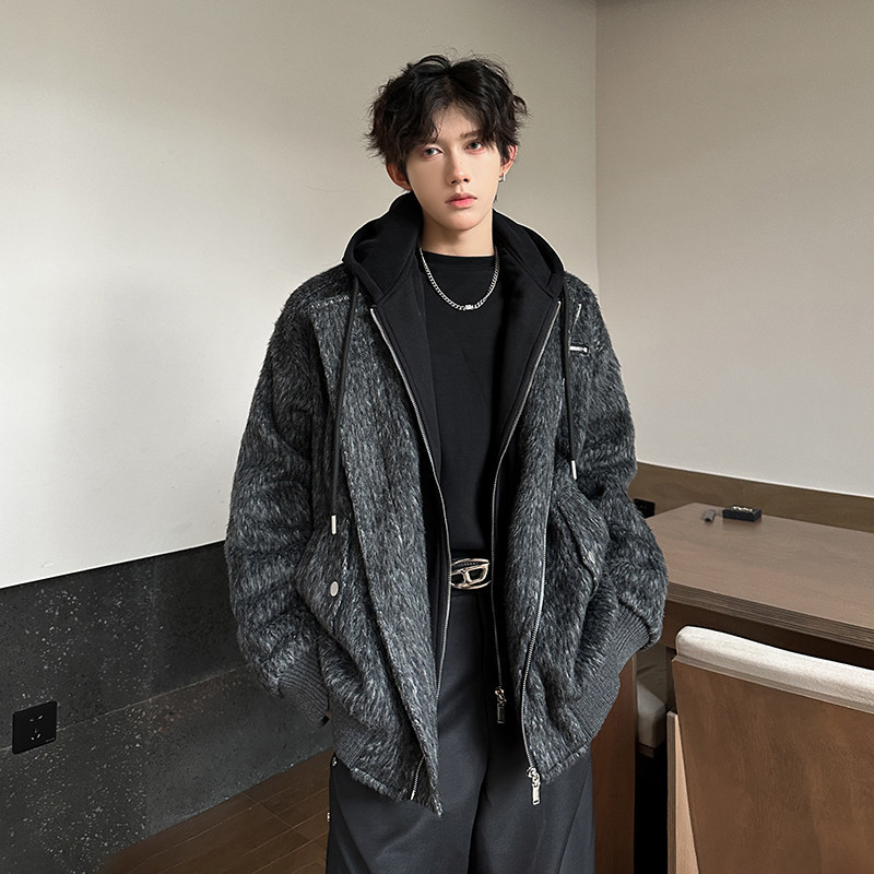 Woolen Coat Men's Spring High-End Hooded Fake Two-Piece Top American Retro Casual Loose Woolen Jacket