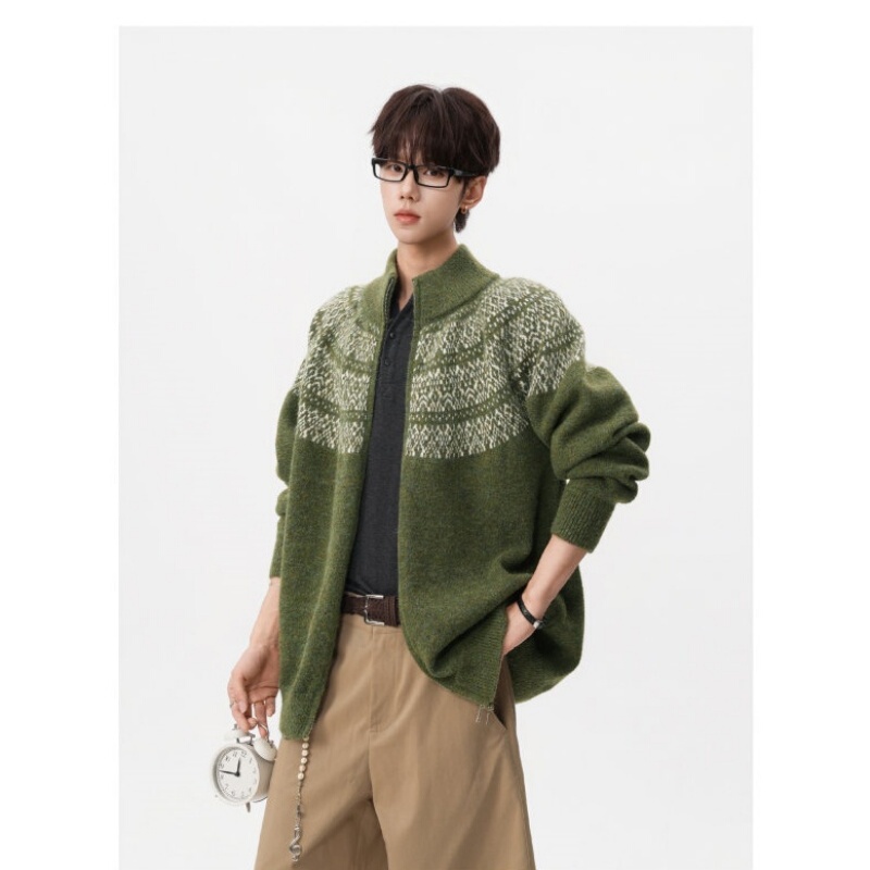 Cleanfit Fair Isle Jacquard Knitted Cardigan Jacket for Men and Women, Autumn Olive Green Loose-Fitting Couple's Retro Sweater