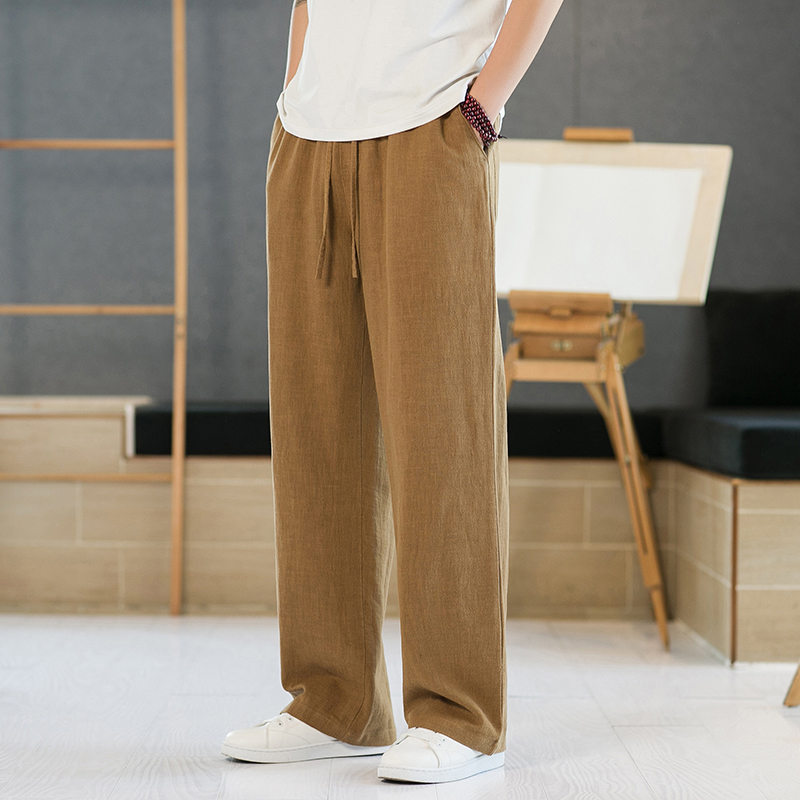 High-End Pure Linen Men's Pants, Summer Thin Cotton-Linen Trousers, Straight Loose Wide-Leg Long Pants, New Chinese Style National Style Suit Men's Pants