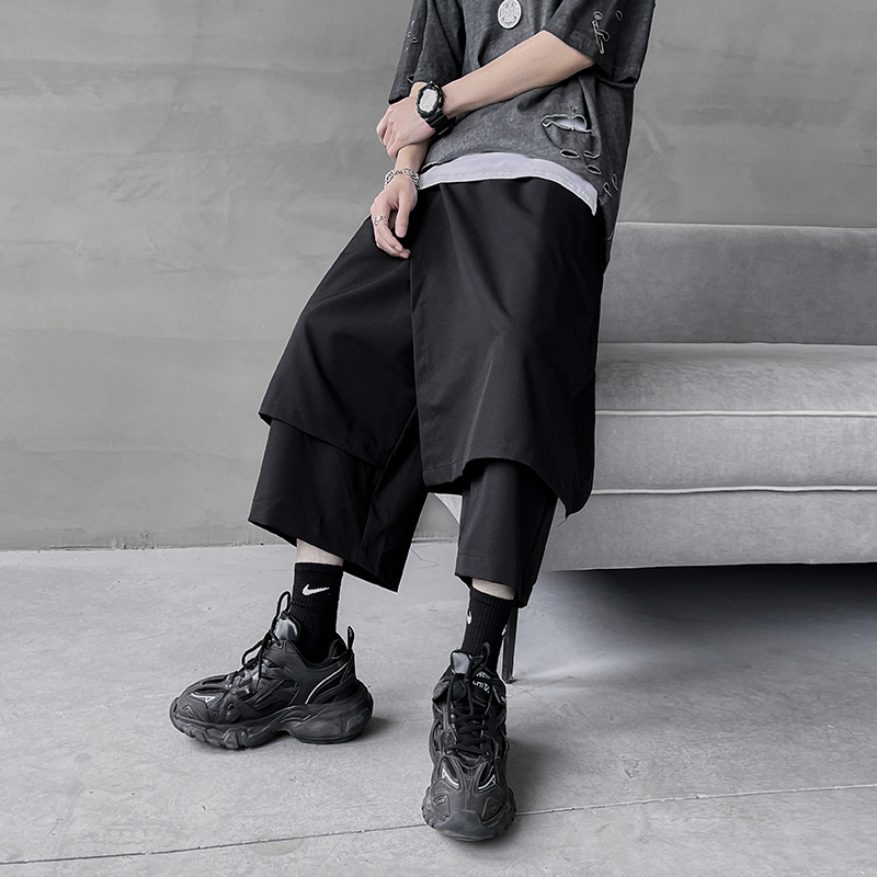 Men's Cropped Pants, Summer Thin Style, Irregular Design Skirt Pants, Men's Summer Suit, Fake Two-Piece Wide-Leg Six-Point Pants Men's Cropped Pants, Summer Thin Style, Irregular Design Skirt Pants, Men's Summer Suit, Fake Two-Piece Wide-Leg Six-Point Pants