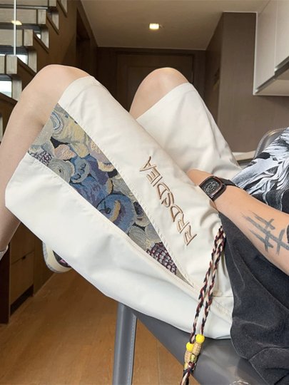 New Chinese Style Men's Shorts for Summer, Stylish Patchwork Embroidered Sports Shorts, Large Size Loose Straight Casual Knee-Length Shorts