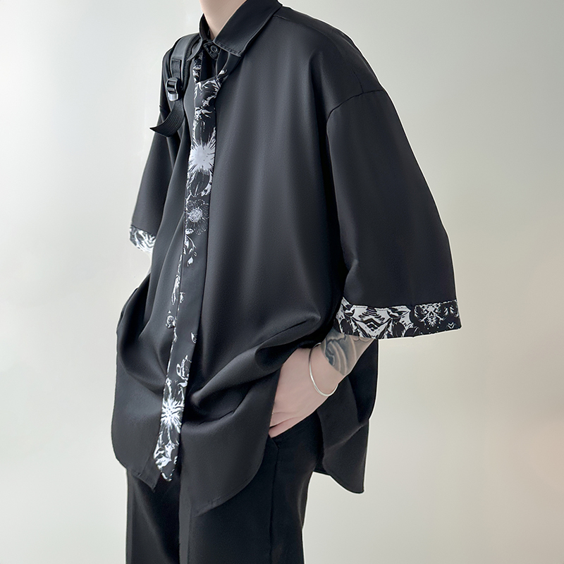 Ice Silk Short-Sleeved Shirt for Men, Summer Thin Satin Shirt, American Retro Design, Cool and Handsome, Naples Eight-Quarter Sleeves