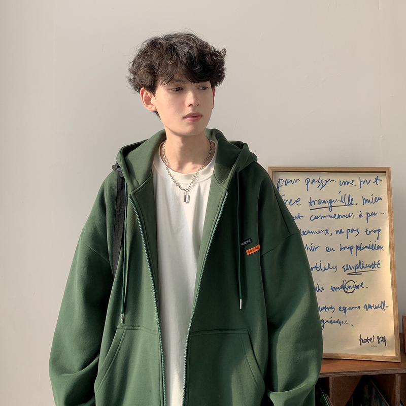 Autumn and Winter Cardigan Zipper Sweatshirt Men's Hooded Jacket Men's Fleece-Lined Thickened 2025 New Youth Green Top