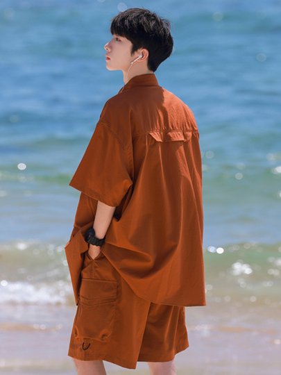 Men's Summer Thin and Breathable Two-Piece Set with Shorts, American Retro Trendy Brand, Loose Lapel Short-Sleeved Shirt