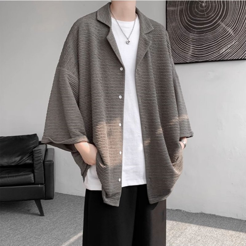 Ice Silk Short-Sleeved Shirt for Men, Summer Thin Loose-Fitting Three-Quarter Sleeve Shirt, Lazy Style, High-End, Handsome Sun Protection Jacket