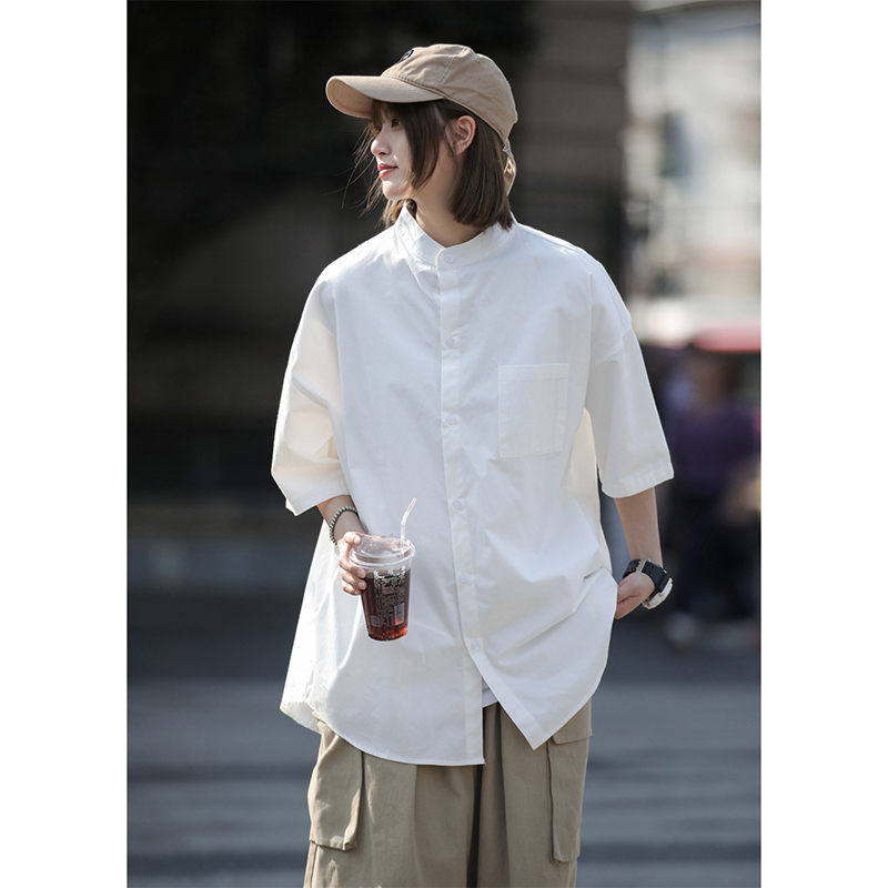 Japanese City Boy Stand Collar Shirt Men's Short-Sleeved Summer Round Neck Three-Quarter Sleeve Shirt Oversize Workwear Jacket