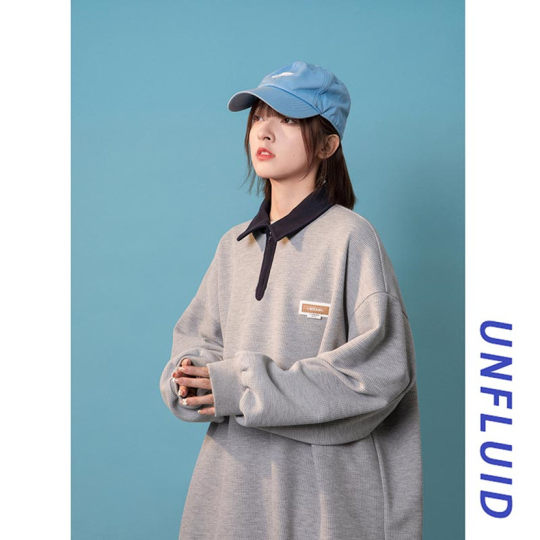 华夫格卫衣男春秋情侣款长袖翻领polo衫半拉链套头上衣休闲运动服