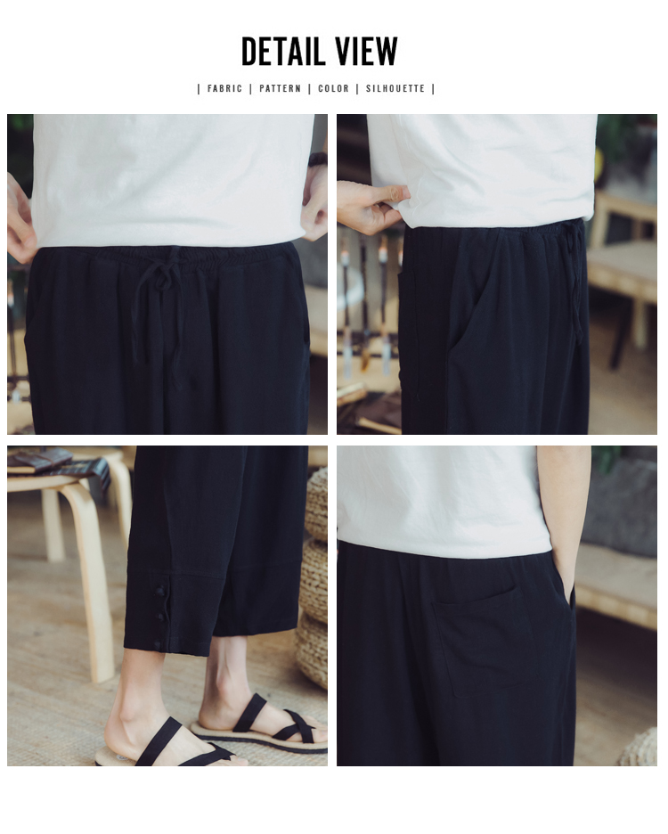 Quần linen nam phong cách Trung Quốc loose straight cotton quần chân rộng thời trang mùa hè quần âu linen chín quần mỏng