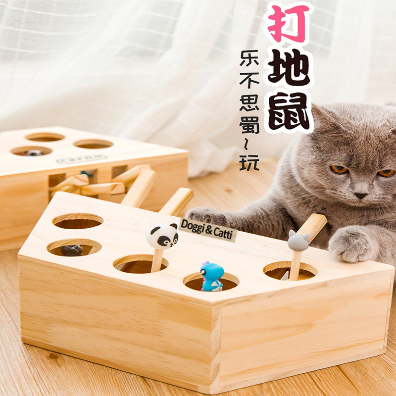 New fumbling cat toy beating ground rat machine cat grabbing board interactive puzzle three-hole five-hole solid wood pet kitty supplies