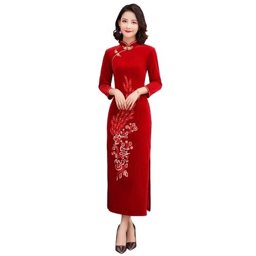 Длинный бархатный чай улун Да Хун Пао, ципао, демисезонное платье для матери, светлый стиль, коллекция 2021