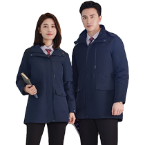 Blue mid-length down jacket for women winter duck down thickened property work clothes professional workwear down top