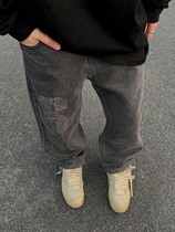 Sanjati Crane base letter hot diamond jeans loose Street straight Hip Hop High Street Original Jeans