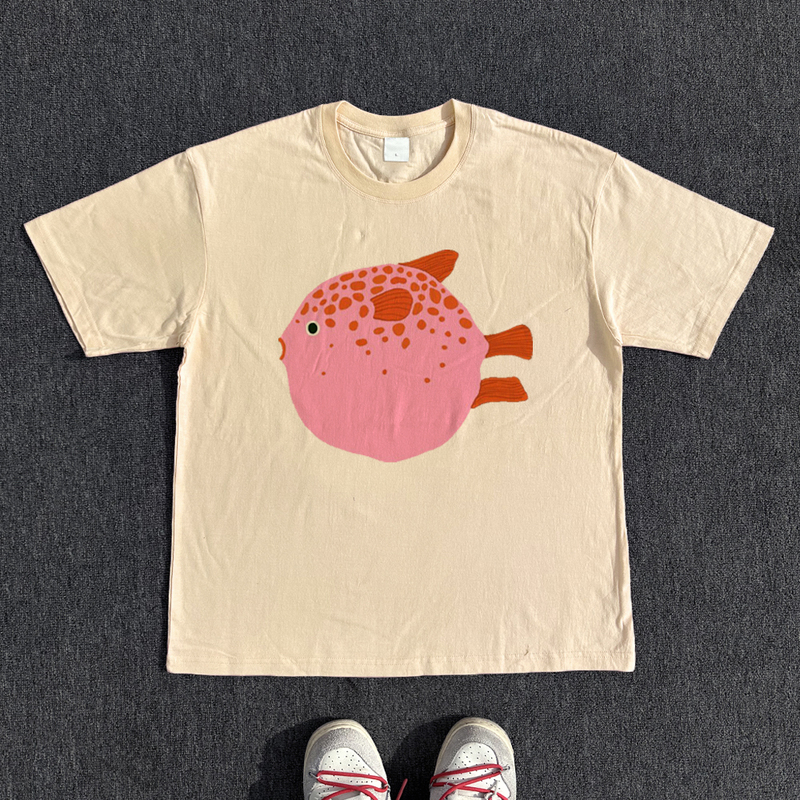 Bomba Studio Summer New Cartoon Pufferfish Print Japanese Style Cute Oversize Short-Sleeved T-Shirt