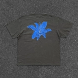 Хлопковая синяя футболка с коротким рукавом, в американском стиле, в цветочек