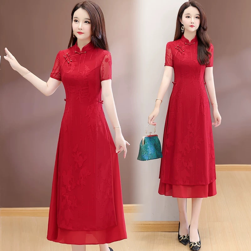 New Chinese-Style Red Cheongsam Dress for Women, 2026 Summer New Model, Elegant and High-End Modified Mid-Length Gown New Chinese-Style Red Cheongsam Dress for Women, 2026 Summer New Model, Elegant and High-End Modified Mid-Length Gown