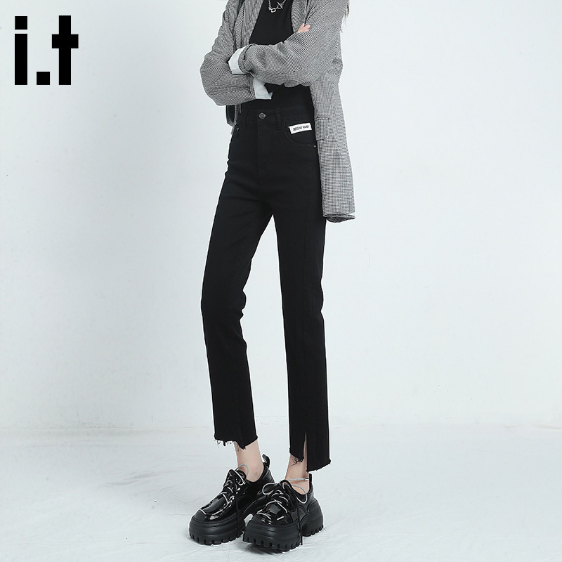 It Izzue High-Waisted Straight-Leg Jeans for Women, Cropped with Slit, Slimming, Stretchy, Fitted Cigarette Pants