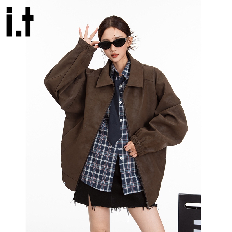 It Izzue American Retro Brown Leather Jacket for Women, Autumn and Winter Melard Leather Cardigan Top, New Style