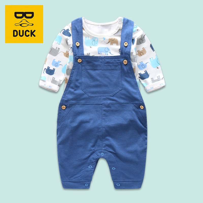 宝宝春装套装男0一1岁 婴儿衣服纯棉背带裤套