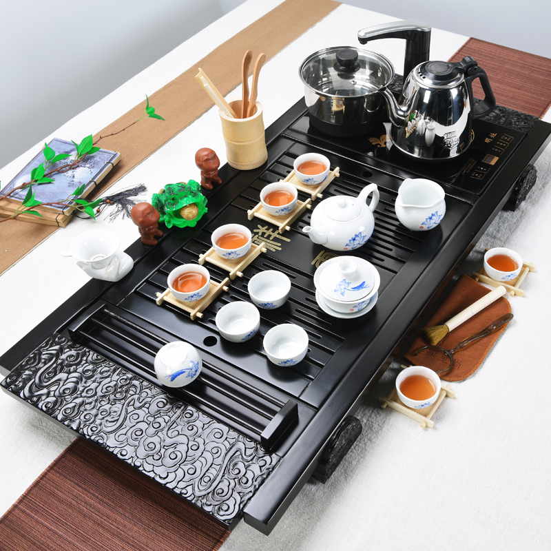 Violet arenaceous kung fu tea set of household ceramic pot of electric magnetic furnace tea sets tea taking of a complete set of solid wood tea tray automatically