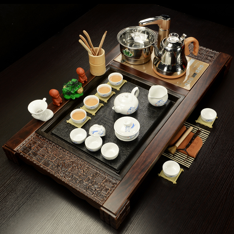 ZongTang violet arenaceous kung fu tea set a complete set of domestic ceramic solid wood tea sets tea tea tray electromagnetism automatic