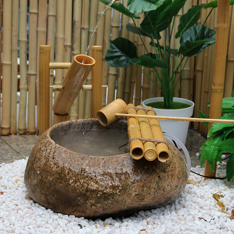 Japanese-Style Courtyard Stone Bowl with Flowing Water, Deer Squatting on Bamboo, Water Bowl, Garden Outdoor Pebble Sculpture, Landscape Drip Water Feature