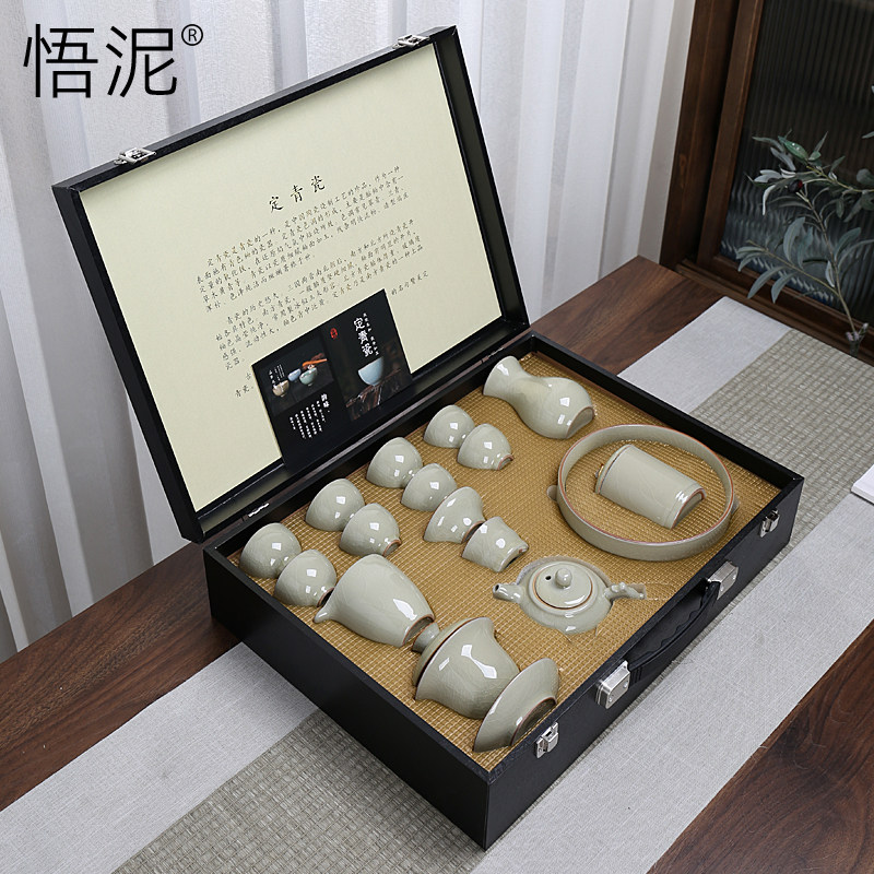 Epiphany | Qingporcelain tea set suit Home Three-only cover bowls teapot Gothic kiln ice-cracking tea set The whole set of upscale gift boxes-Taobao