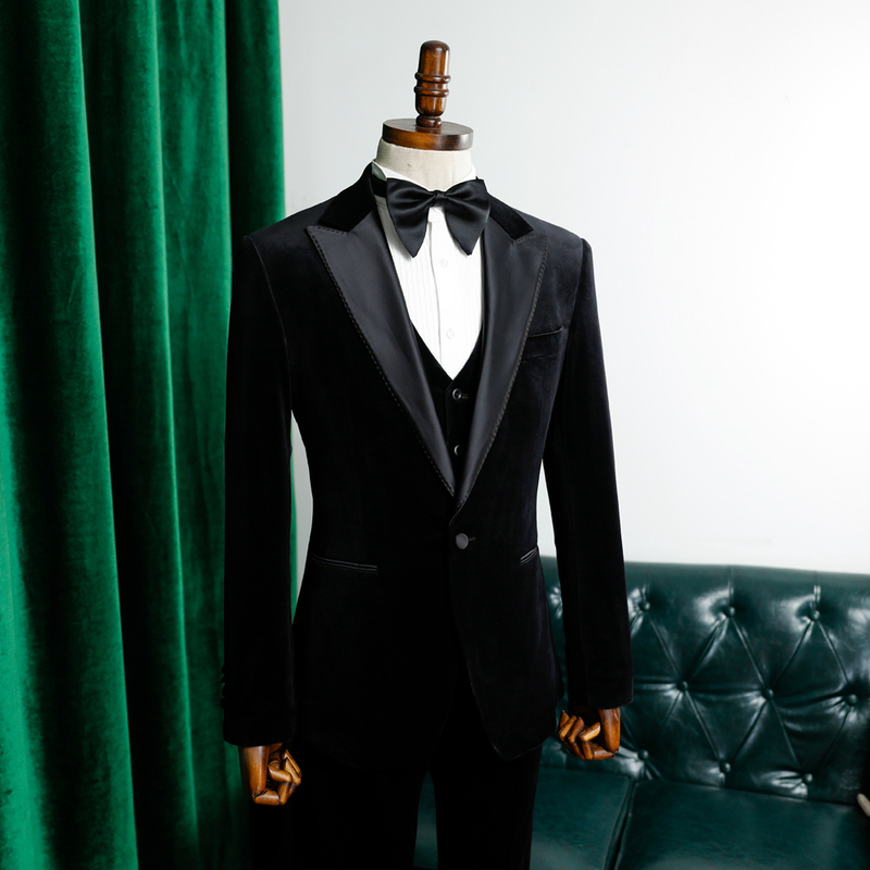 High British-Style Tuxedo Banquet Suit Men's Formal Wear Wedding Groom Gold Velvet Slim-Fit Suit Jacket