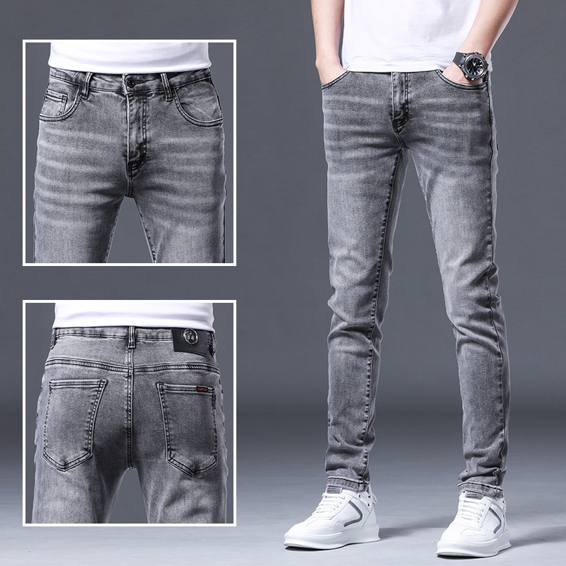 Hong Kong High-End Gray Jeans for Men, Spring New Style, Stretchy Slim-Fit Skinny Pants, Korean Version, Versatile Casual Long Pants