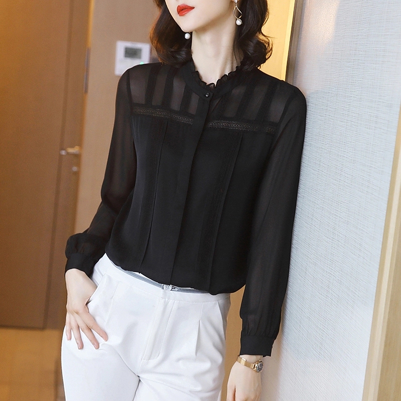 Long-Sleeved Chiffon Shirt for Women, Spring and Autumn 2026 New Style, Elegant Blouse, Lace Early Autumn Women's Shirt, Black Top